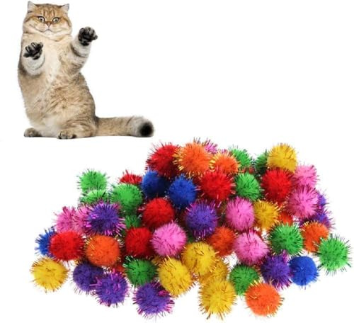 Bunte glitzernde Lametta-Bälle und Bommelbälle für Katzen, zum Üben von Kätzchen, zum Spielen und Jagen, 100 Stück