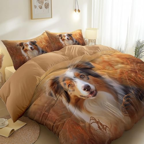 Bettwäsche 135 cm X 200 cm Karikatur Australian Shepherd Wiese Bettbezug 3Er Set, Wendebettwäsche Mit 2 Kissenbezug, Weiche & Angenehme Mikrofaser Bettwäsche-Sets Mit Reißverschluss, Hellbraun