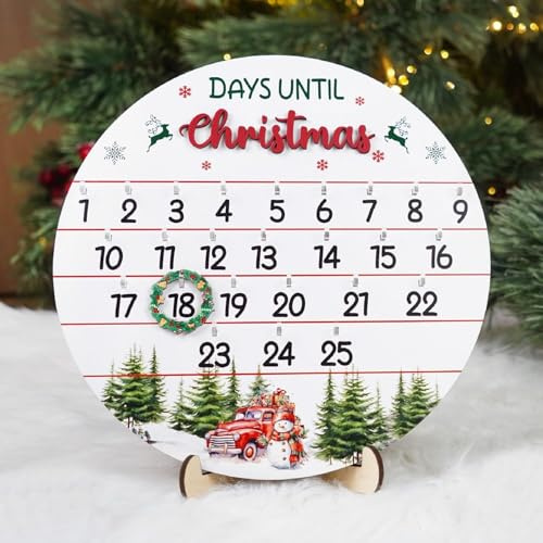 Weihnachts Adventskalender aus Holz, 25-Tage Weihnachts Countdown Kalender, Weihnachten Adventskalender Weihnachtsdeko, Runder Weihnachtskalender für Türchen, Wand, Tisch