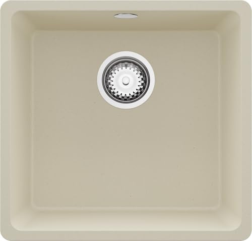 PRIMAGRAN Fregadero bajo Encimera al Mueble 50cm + Kit de desagüe, 46x44cm | Set: Kit de desagüe (sifón, válvula, rebosadero) + Venecia Easy 1 Seno para Cocina, Beige