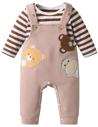 Tearfuty Newborn Baby Boy Bear Embroidery Pattern Striped Long Sleeve Top Dungarees Pants Baby Boy Outfits Set
