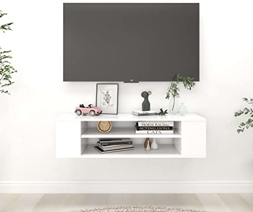 Homvdxl Floating TV Unit, Wall Mounted TV Unit with 2 Tier Open Shelves, 100 cm Hanging TV Stand Cabinet for Living Room and Bedroom, White