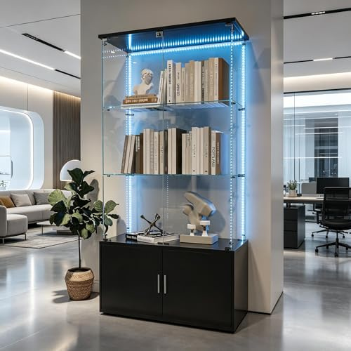 Vetrina in vetro con LED, armadio vetrina per collezione con base armadietto, vetrina da parete per collezione moderna con 3 ripiani e 2 porte, VitRine su piano in vetro (nero-1, 78.51x35x164)