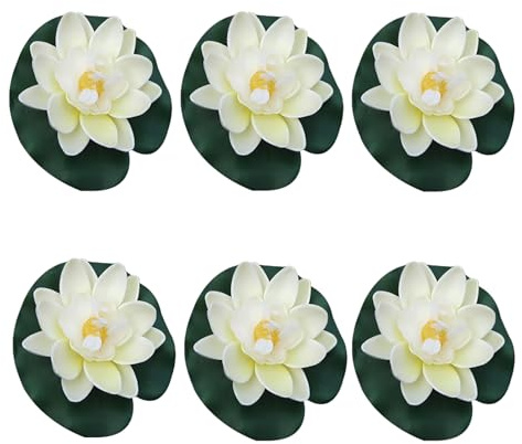 Clockjuan 6Pcs White Artificial Floating Foam Lotus Flowers with Water Lily Pad Ornaments,Perfect for Patio Koi Pond Pool Aquarium Home Garden Wedding Party Holiday Decoration Water Gardens and Ponds