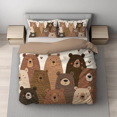 Bettwäsche Set Kinder 3-teilig Bärchen Muster Beige Karamell Mokka, Bettbezug 135x200 cm 1 Kissenbezüge 80x80 cm, Tiermotiv Bettwäsche Jungen Mädchen, Niedliche Waldtiere Kinderzimmer Schlafzimmer