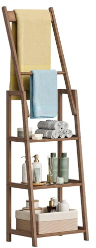 HOOBRO Portasalviette in bambù a Scala Inclinata con Struttura Trapezoidale, Scaffale Portaoggetti a 3 Ripiani e Doppia Barra Porta Asciugamani, Camera da Letto e Soggiorno, Marrone Moka EMA123CJ01