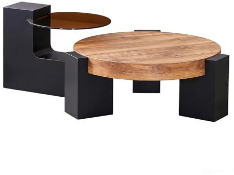 JUFU Couchtisch 2er Set rund Glas, Wohnzimmertisch mit Stauraum modern, Beistelltisch mit Oberfläche aus MDF und Beine in L-Form (Rustikal-Braun)