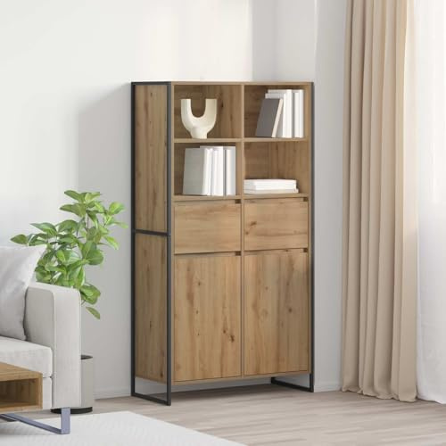 QJBSAVVA Industrie Sideboard 81 x 36 x 150,5 cm Eiche Massivholzoptik mit Stahlrahmen Breit Anrichte für Wohnzimmer Flur Küche Büro Flexible Aufbewahrung Montage erforderlich