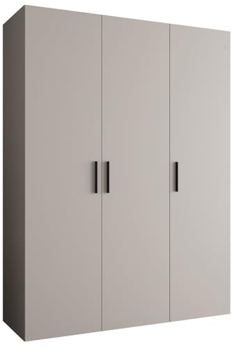 MEBLE KRYSPOL - Kleiderschrank - Garderobenschrank - 150 cm x 202 x 52 cm - Schrank mit Kleiderstange, 3 Türen - für Schlafzimmer, Flur - BARI, Kaschmir, Griff Schwarz