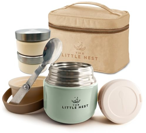 THE LITTLE NEST -Set Termo Comida Bebé 300 ml, 2 Contenedores, Matcha Green | Para papillas y sólidos bebé, acero inoxidable, sin BPA, cierre hermético, mantiene calor y frío, cuchara y estuche térmico