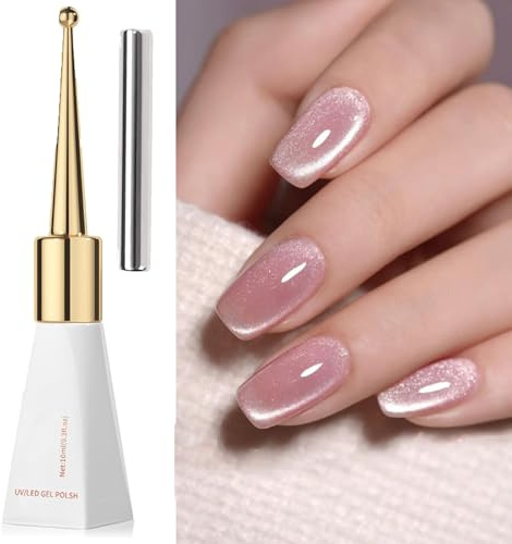Pink Cat Eye Gel Nail Polish, Jelly Nude Glitter Pink Magnetic Nail Polish with Magnet Soak-Off UV LED Gel for Home DIY Manicure Nail Salon for Women
