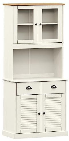 Kiefer Highboard mit Stauraum aus Massivholz, Elegantes Highboard für Wohnzimmer mit Glasfronten, mit Schubladen und Fächern in Weiß