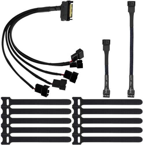 ZHUROUPU Cable Adaptador de Ventilador de refrigeración de 15 Pines SATA a 3 Pines / 4 Pines PWM, Cable de extensión y Divisor de Ventiladores para Carcasa de PC de 1 a 3 Salidas de 12 V (3/4 vías)