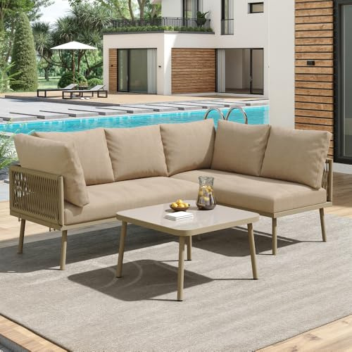 AliSefaiy Gartenmöbel Lounge Set aus Eisen, Lounge Möbel Outdoor aus Khakiem Seil, L-förmiges Gartenmöbel-Set aus Khakiem Seil mit Sitzkissen, Verstellbaren Füßen, 2 Sofas und 1 Tisch