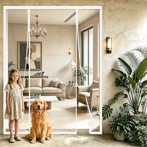 Doppia Porta Zanzariera Magnetica 230x235cm Anti Insetti Traspirante Porta Doppia Chiusura Automatica con Striscia Adesiva per Scorrevole Balcone Bianco