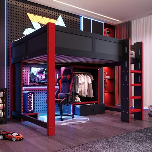 TOBIDOEN Letto a soppalco da gaming, 140 x 200 cm, con LE/D e scrivania integrata, scala, armadio e grandi cassetti, letto sportivo all-in-one per adolescenti, senza materasso, nero/rosso