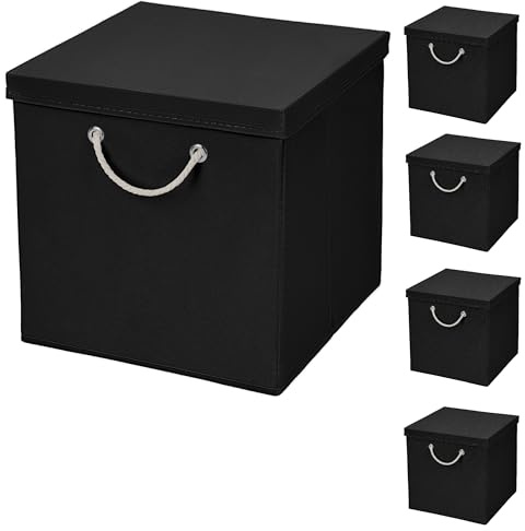 CM3 5 Stück Schwarz Faltbox 30 x 30 x 30 cm Aufbewahrungsbox faltbar mit Kordel und mit Deckel