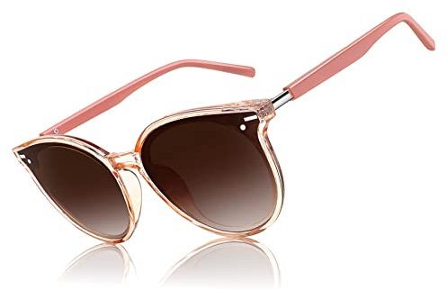 CGID Designer Lunettes de soleil polarisées rondes surdimensionnées pour femmes Lunettes de vue rétro pour femmes 100% UV400 Nuances Rose transparent Cadre Marron clair Lentille M60