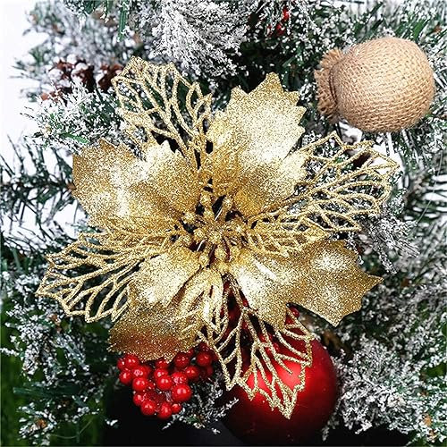GLITZFAS 12 Stück Glitter Weihnachtsbaum Dekoration, Weihnachtsbaumschmuck Ornament Weihnachten Blumen Dekor, Christbaumanhänger (Gold,24 cm)