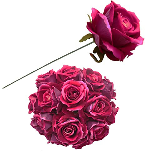 cn-Knight Lot de 20 roses artificielles en velours et soie avec tige en fil de fer - 25,4 cm - Pour bouquet de mariage - Décoration d'intérieur - Fuschia