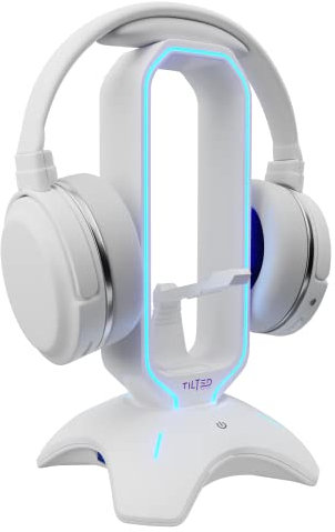 Tilted Nation RGB Gaming Headset Ständer - 3 in 1 Design mit Maus Bungee und 2 Port USB 3.0 Hub Die ultimative Ergänzung zu Ihrer Gamingstation Dynamischer Kopfhörerständer USB-Ladegerät Weiß