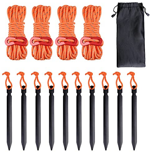 Azarxis Tent Guy Rope 4mm Reflective Guy Line 4m / 13ft Tarp Guide Rope with Aluminum Tensioner Cord Adjuster for Camping Awning Packing Tying Down (Orange - 4 Pack + Black Tent Peg - 10 Pack)