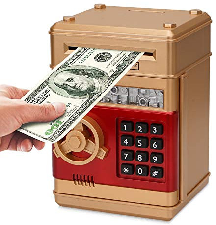Revanom Electronic Piggy Bank, Mini ATM Password Money Bank Cash Coins Saving Box for Kids, Cartoon Safe Bank Box Perfect Toy Gifts for Boys Girls (Gold)