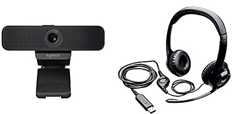 Logitech C925-E Business Webcam, HD 1080p/30fps Video Calling, Light Correction, Autofocus, Clear Audio, Privacy Shade - Black & H390 Wired Headset, Stereo Headphones - Black