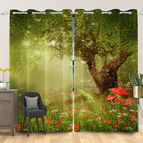 SDOTPMT 132x214cm Magie Baum Schiebevorhänge Rot Pilze Märchen Wald Blume Gras Schiebevorhänge Natürlich Landschaft Blickdichte Vorhänge für Wohnzimmer Verdunkelung Vorhänge, 2 Stücke