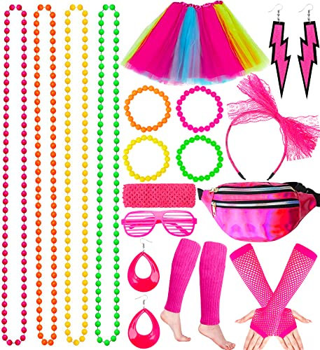 Tonsooze 80er Jahre Kleidung Damen Set, 21PCS Kostüm Accessoires 80er, Netzgarnrock, Netzhandschuhe, Bauchtasche, Stirnband, Halskette,Armband,Ohrring, Neon 80 Jahre Outfit Party Mädchen Kinder