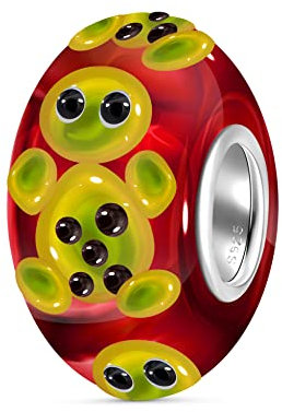 Andante-Stones Abalorio de plata de ley 925 de Murano de cristal con forma de tortuga, color rojo, para cuentas europeas + bolsa de organza, Plata esterlina Vidrio