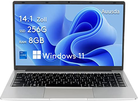 Auusda Ordinateur Portable 14,1 Windows 11, 8Gb RAM, 256Gb Stockage SSD Ultra Fin Ordinateur ultrabook avec écran FHD, UHD Graphics 600, HDMI, USB 3.0, Double Bande WiFi, Stockage expansible