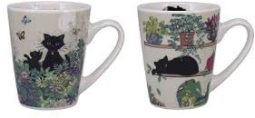 KIUB Set de 2 mini tasses - chats au jardin et chat couché sur une étagère - porcelaine fine et hauteur 7,5CM - boite assortie