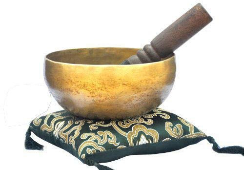 Bol chantant tibétain pour méditation avec 7 métaux, coussin et maillet en daim et cuir 17,8 cm