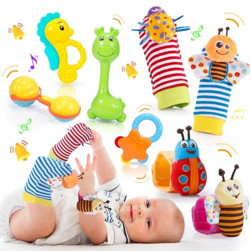 Adeokay Baby Rassel 0-6 Monate, Spielzeug 0 3 6 9 Rasselsocken Motorikspielzeug ab 1 Jahr Neugeborenen Geschenk Saugnapf Montessori, Mehrfarbig