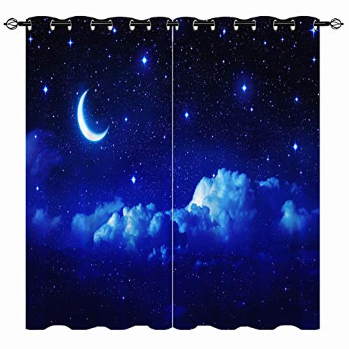 YUANZU Sternen Mond Vorhänge Sommer Blauer Nachthimmel Ösen Gardinen mit Blickdichte Vorhang Kälteschutz Blackout Curtain Kinderzimmer Schlafzimmer Verdunkelung Fenster, 2 Stück, H 220 x B 140 cm