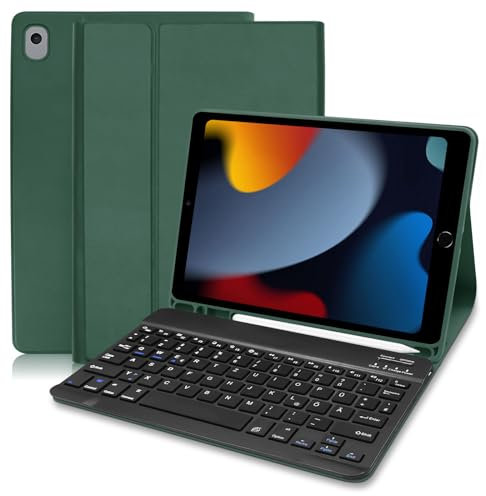 Hofsos Hülle mit Tastatur für iPad 9.Generation, Tastatur hülle für 10.2 Zoll ipad 9./ 8. /7. Generation, Schutzhülle mit Stifthalter Wireless Abnehmbare QWERTZ Tastatur für iPad 9 Gen, Dunkelgrün