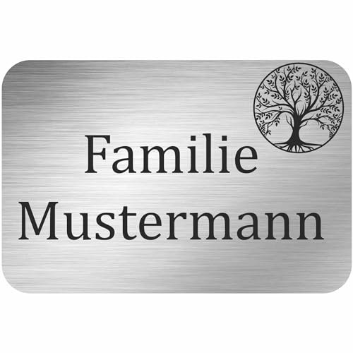 INDIGOS UG - Namensschild - Baum des Lebens - 100x50 mm Aluverbundplatte Edelstahllook 3 mm - individuell personalisiert mit Wunschtext, Namen, Familienname, Firma - Briefkasten - Haustür