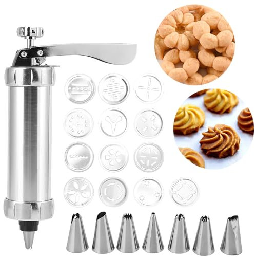 Otufan Cookie Press,20PCS Cookie Press Set,Aluminum Alloy Cookie Press Set with 13 Discs and 7 Nozzles Cookie Maker Tool for Home DIY for Biscuit Maker and Decoration