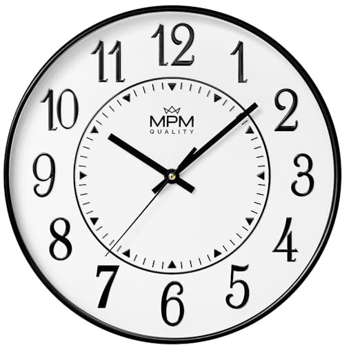 MPM Quality Design Wanduhr, Schwarz/Weiß, Modern Kunststoff Uhr, Glas, Quarz-Uhrwerk Sweep, 295x295x45 mm, für Wohnzimmer, Schlafzimmer, Küche, Büro und in jeden Raum