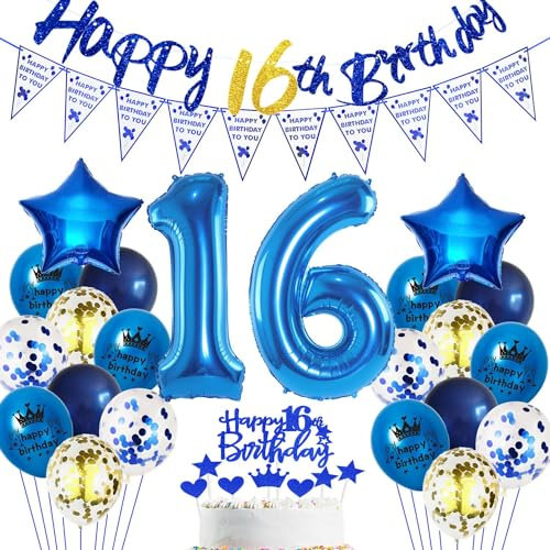 Blau 16. Geburtstag Dekoration Junge, Blau 16 Jahr Jungen Geburtstagsdeko, Luftballon 16. Geburtstag Party Deko, Junge Geburtstagsdeko 16 Jahre, 16 Ballon, Deko 16 Jahr