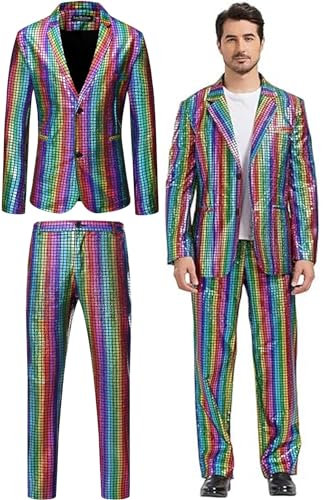 iksya Herren 2 Teilige Disco Blazer - 70er 80er Glänzende Jacke und Hose Metallic Paillettenanzüge Discokugel Party Karneval Kustüm Hochzeit Glänzender Anzug (Color : Rainbow, Size : M)