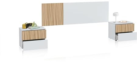 duehome | Pack Cabecero y 2 Mesitas de Noche, Dormitorio Doble, Dormitorio Completo, Modelo Nitza, Acabado en Blanco Artik y Natur
