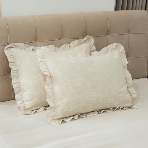 Kissenbezüge, 2er-Set, Leinen-Baumwoll-Jacquard-Stoff, Gewaschene 100% Baumwolle, Retro-Rüschen, Volant-Besatz, einfarbig, beige, dekorative Kissenbezüge für Zuhause, Dekorationsbezüge, 51 x 66 cm