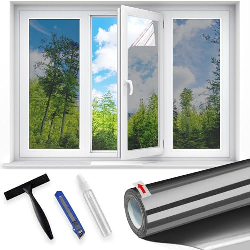 Linarun Film d'intimité à sens unique pour fenêtres en verre - Effet miroir - Effet miroir - Contrôle de la chaleur - Anti-reflet - Voir dehors - Noir argenté - 44,5 x 200 cm