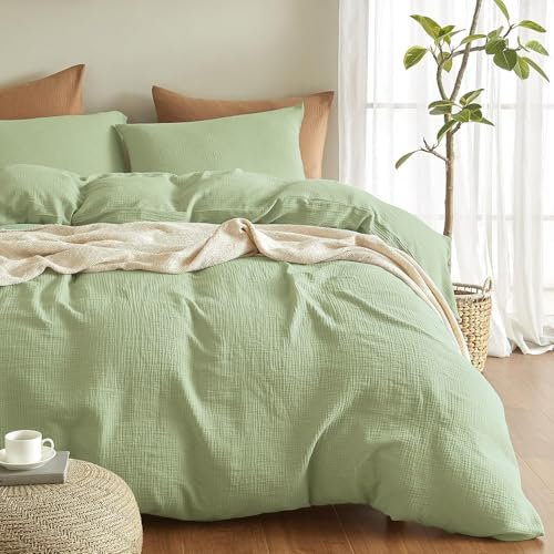 Boqingzhu Muslin Bettwäsche 200×200 cm Baumwolle Grün Hellgrün Sommerbettwäsche Weich Kühlend Atmungsaktiv Sommer Bettbezug Doppelbett und Kissenbezug mit Reißverschluss