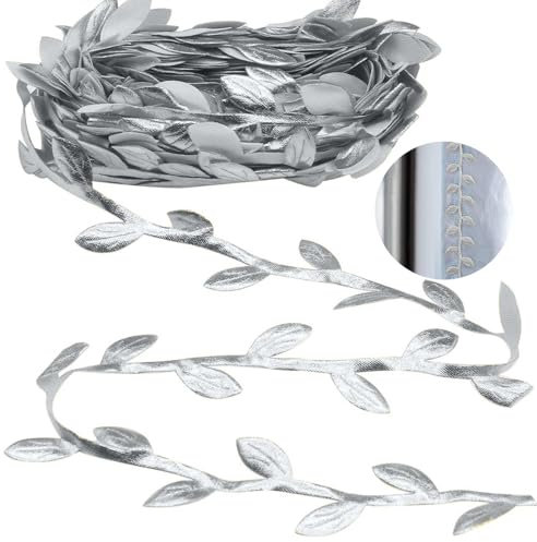 10M Streifen Geschenkband, Sliverfarbenes Blätterband Silber Blattbesatzband Geschenk Luftschlangen, Künstliche Pflanzen Bänder Girlande Blattband Blatt Stirnbänder Blätter Band für DIY Party (Silber)