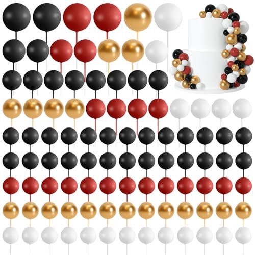 Morcheiong 114 Pcs Cake Balls Decorations: Black, Red, Gold; 4 Sizes; Cake Topper, Insert, Picks; Birthday, Wedding, Anniversary