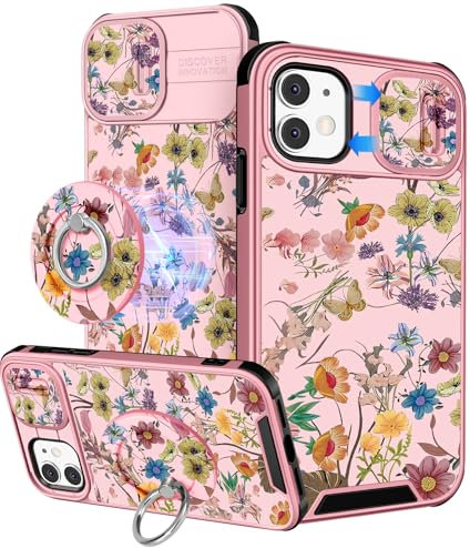 VincitoreModa for iPhone 11 Case Women - [2in1] Cute Girls Butterfly Flower Compatible with MagSafe Ring Stand Girly Slide Camera Cover Design for Apple for iPhone 11 Phone Case 6.1