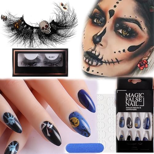 Halloween Fake Nails 24Pcs Halloween Press on Nails Short French Tip False Nails Ghost Bat Stick on Nails Acrylic Art Halloween Nails Full Cover Glue-on Nails for Women and Girls Halloween Cosplay